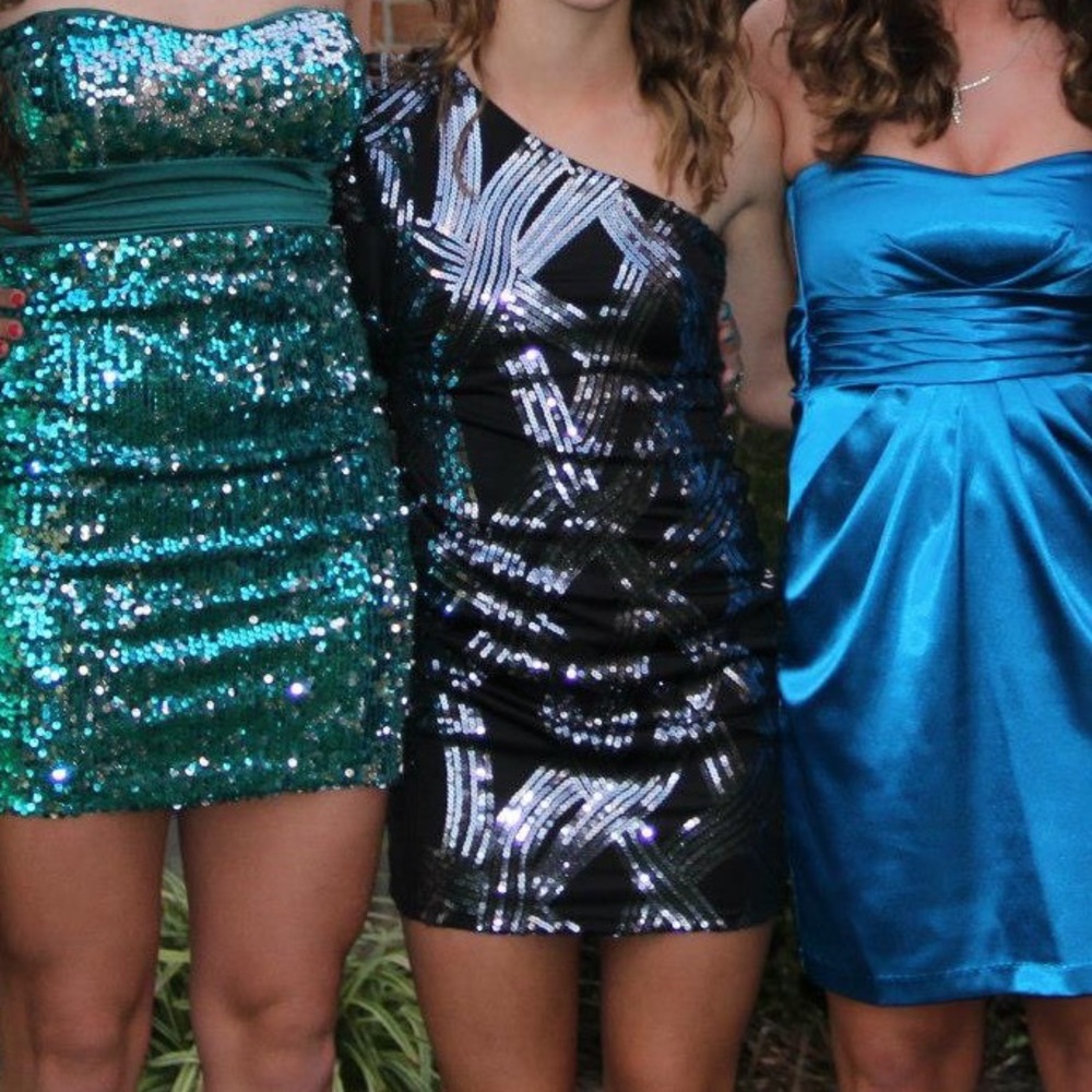 Black sequin one shoulder homecoming dress